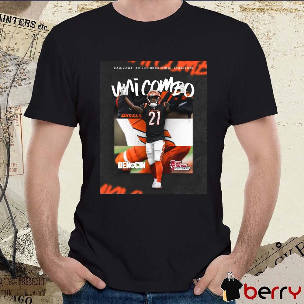 Poster Black Jersey White With Orange Stripes Orange Socks Uni Combo Cincinnati Bengals Vs Denver Broncos NFL Football t-shirt