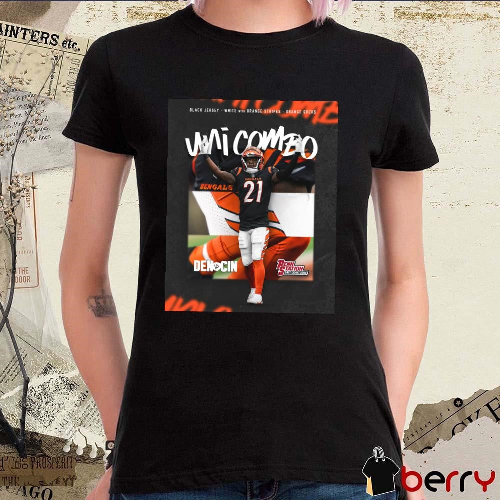Poster Black Jersey White With Orange Stripes Orange Socks Uni Combo Cincinnati Bengals Vs Denver Broncos NFL Football t-shirt