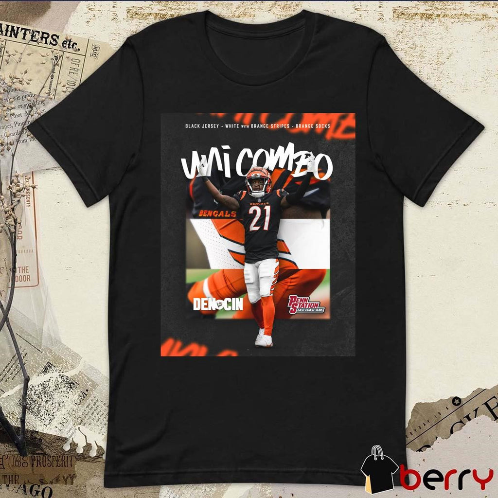 Poster Black Jersey White With Orange Stripes Orange Socks Uni Combo Cincinnati Bengals Vs Denver Broncos NFL Football t-shirt