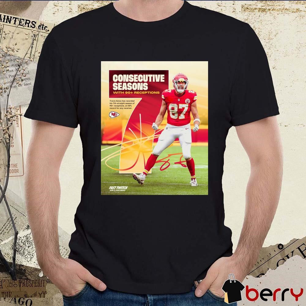 Poster Kansas City Chiefs Travis Kelce NFL Consecutive Seasons With 90+ Receptions Signature t-shirt
