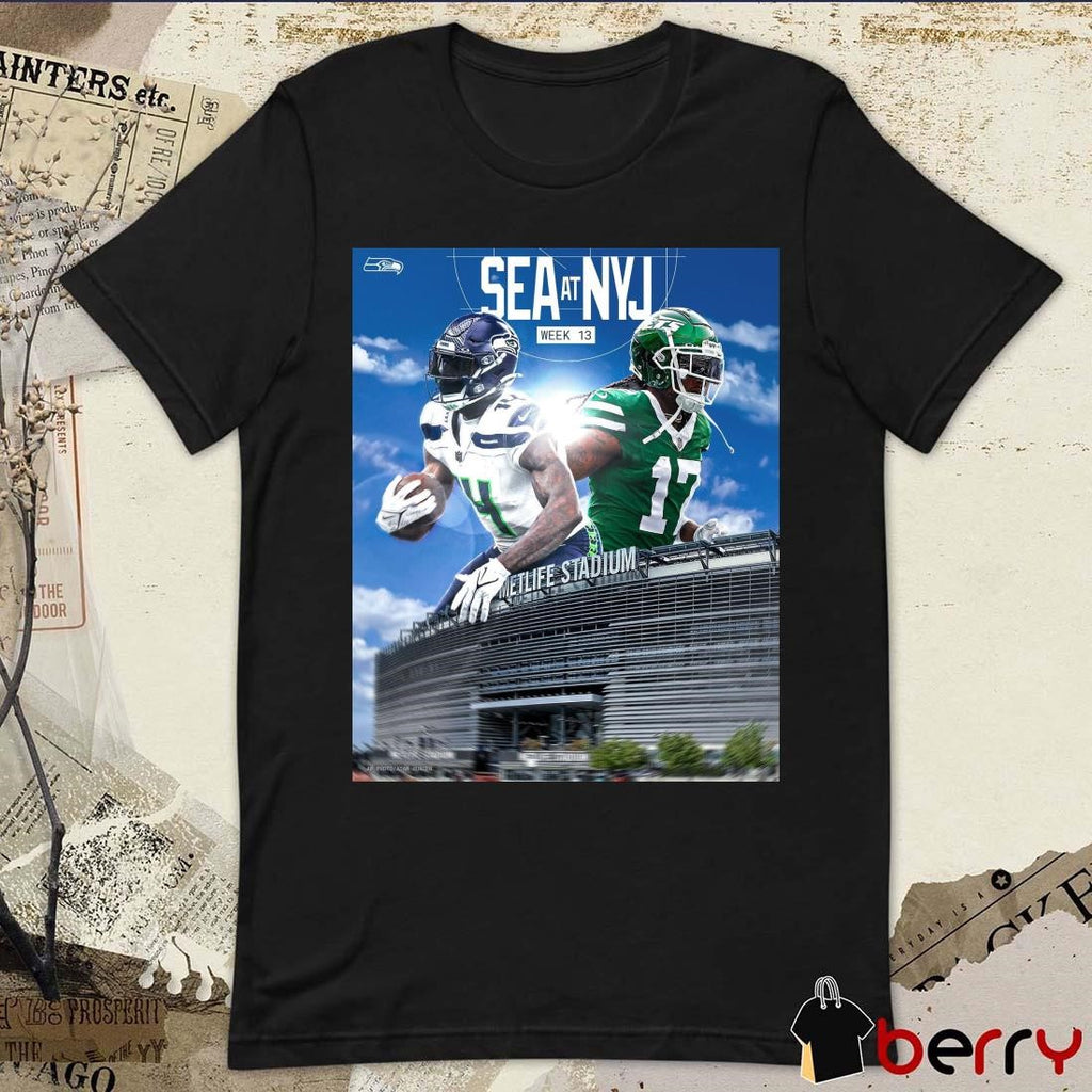 Seattle Seahawks At New York Jets Week 13 Metlife Stadium On The Road Again Poster t-shirt