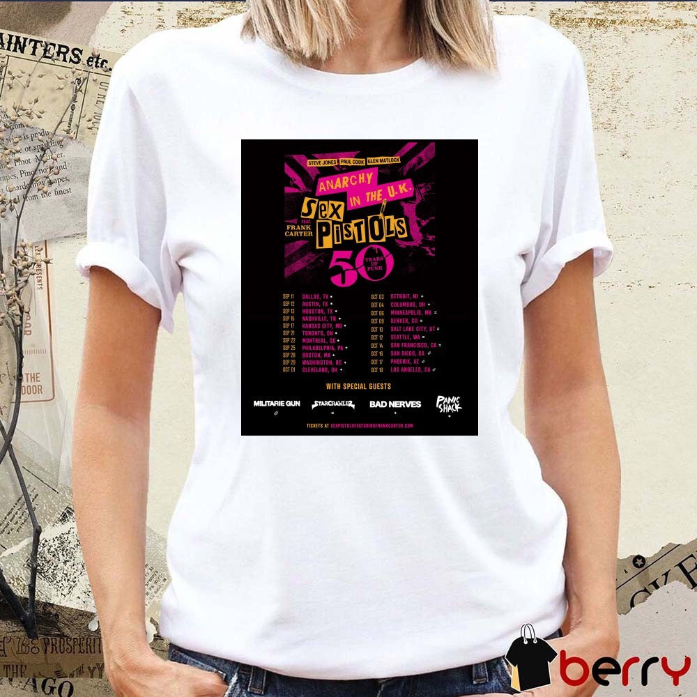 Sex Pistols 50th-anniversary Tour Steve Jones, Paul Cook, And Glen Matlock, With Frank Carter Poster t-shirt