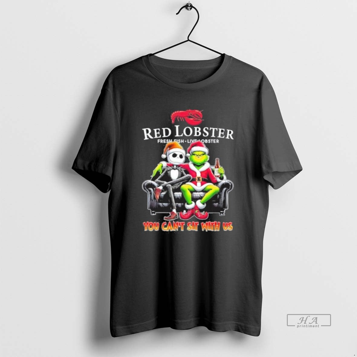 Official Trendy Red Lobster Logo Santa Jack And Grinch You Cant Sit With Us Tee