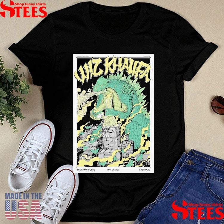 Wiz Khalifa Urbana Illinois 2025 Poster At The Canopy Club On May 21 2025 Godzilla Smoking Some Weed Artwork Shirts