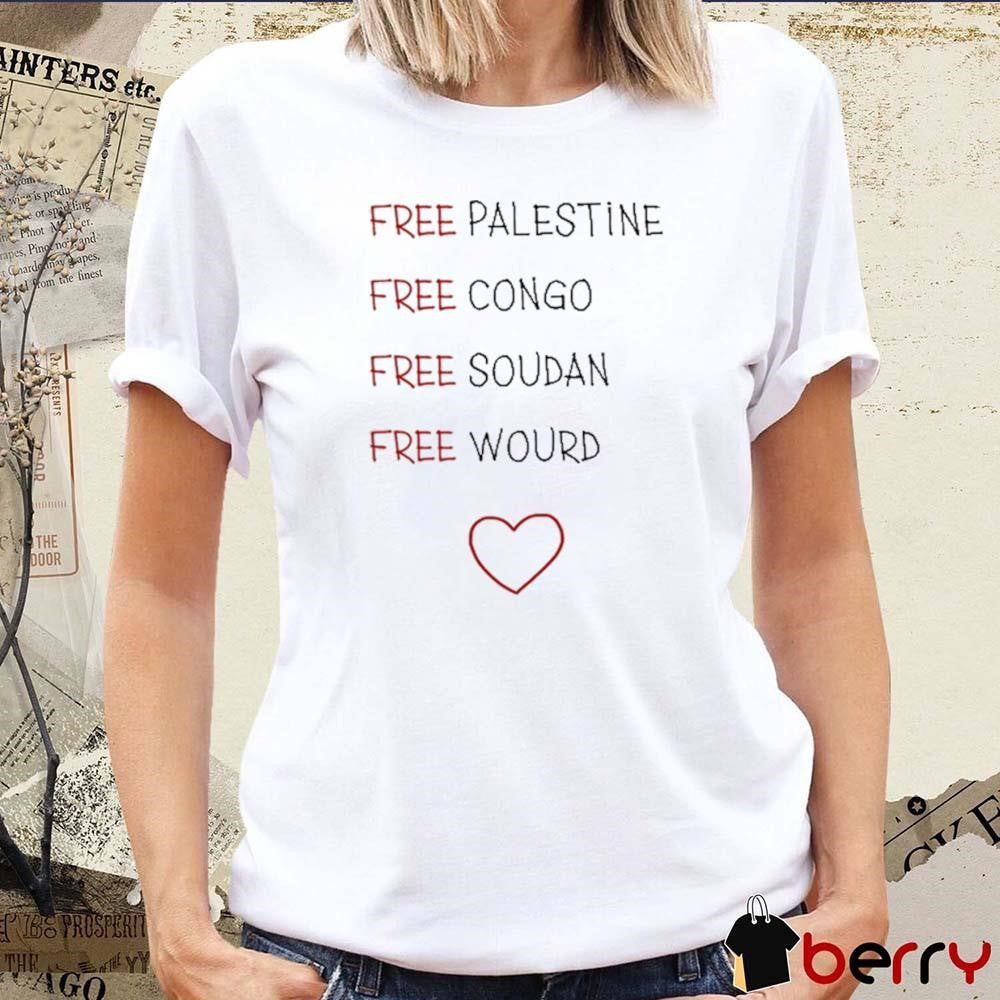 Yannou Wearing Free Palestine Free Congo Free Soudan Free World t-shirt