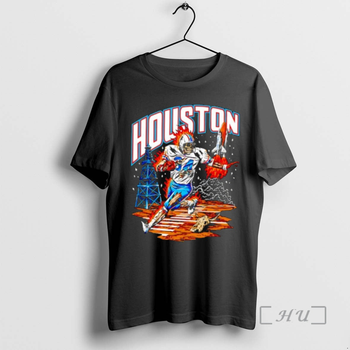 Officials Houston Oil Derricks Space Shuttle Skeleton Football Player 34 Running On Fire Premium T-Shirts, Hoodie, Sweatshirt