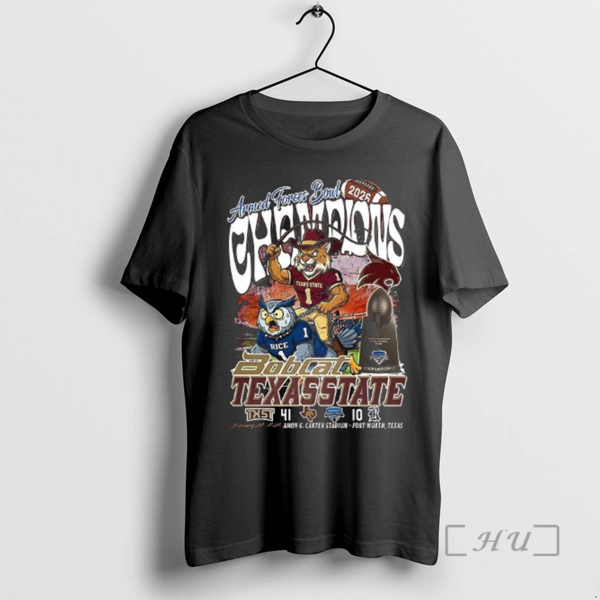 Officials Texas State Bobcats Beat Rice Owls Ncaa Armed Forces Bowl Champions 2026 Mascot Premium T-Shirts, Hoodie,...
