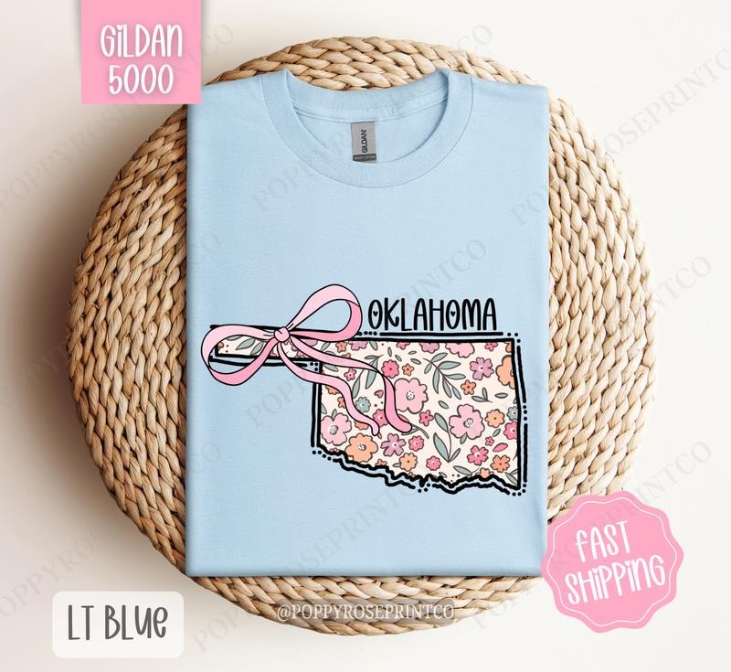 Oklahoma Floral Bow Gildan T-shirt, Cute Trendy Tee, State Coquette Oversized Top Hoodie, Sweatshirt | CiraTrend.com