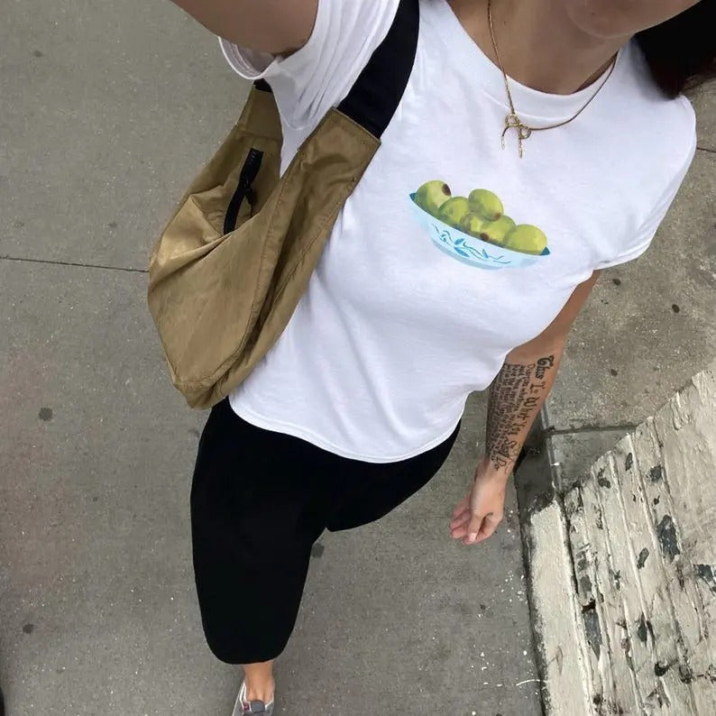 Olive Bowl Painted Baby Tee - Womenswear Top, Trending Womens Tshirt, Short Sleeve Streetwear Shirt, Breathable Classic Fit