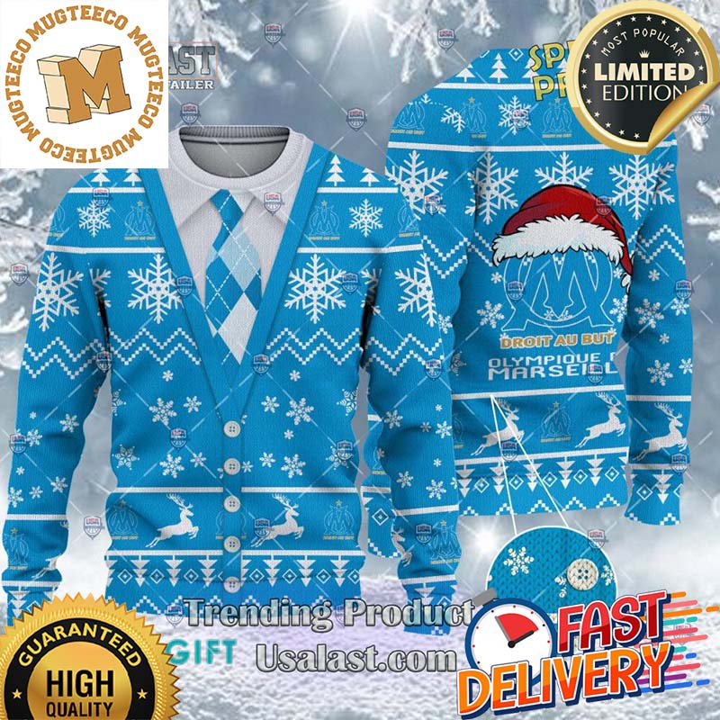 Olympique de Marseille Ligue 1 Cardigan Ugly Christmas Sweater For Holiday 2023 Xmas Gifts
