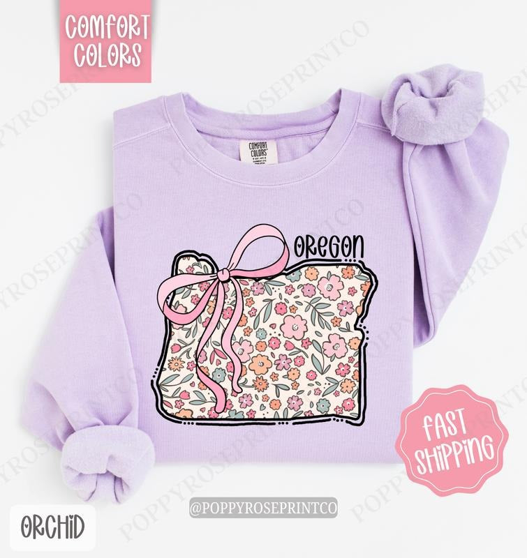 Oregon Floral Bow Comfort Colors Sweatshirt, Cute Trendy State Coquette Pullover T-Shirts, Hoodie | CiraTrend.com