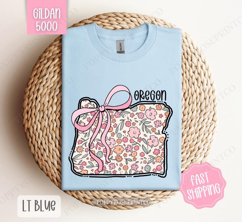 Oregon Floral Bow Gildan T-shirt, Cute Trendy Tee, State Coquette Oversized Top