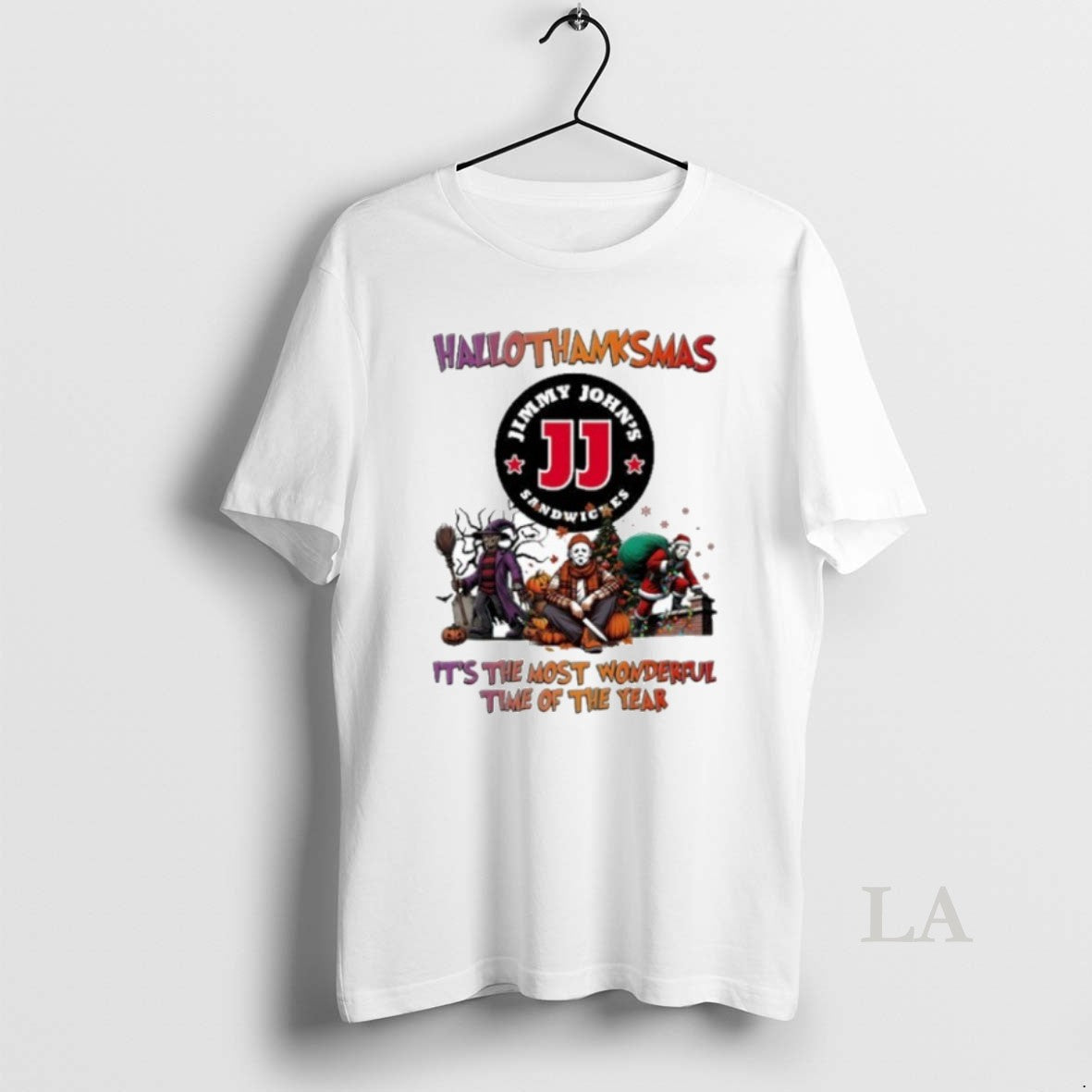 Original 2025 Jimmy Johns Logo Hallothanksmas Horror Film Its The Most Wonderful Time Of The