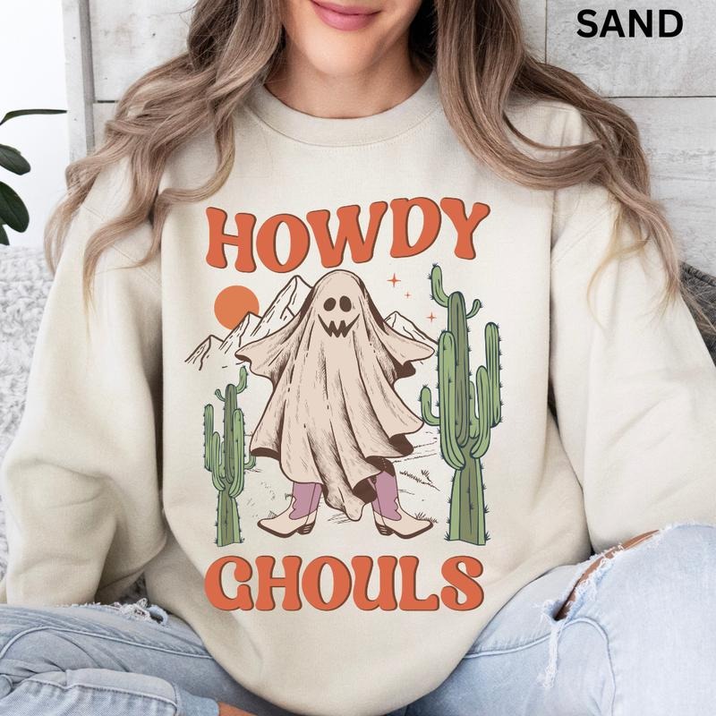 Oversized Halloween Crewneck, Western Ghost Cactus Crewneck, Western Halloween Sweatshirt Graphic Oversized Halloween...