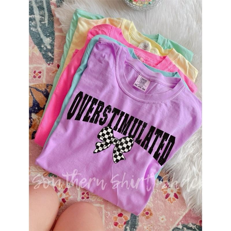 Overstimulated Checkered Bow T shirt  | comfort colors T shirt top Hoodie, Sweatshirt | CiraTrend.com