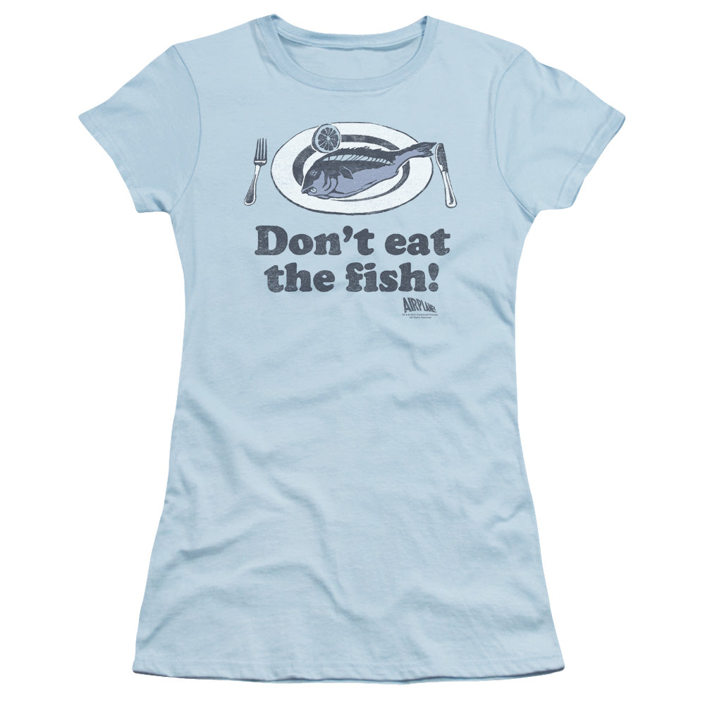 Airplane! Don't Eat The Fish Junior Sheer Cap Sleeve Womens T Shirt Light Blue Hoodie, Sweatshirt | CiraTrend.com