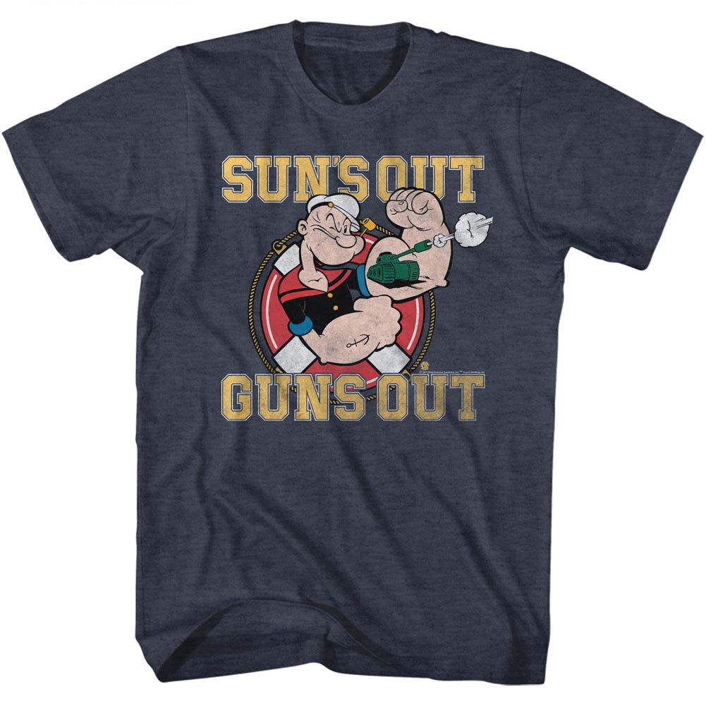 Popeye Mens S/S T-Shirt - Suns Out Guns Out - Heather Navy Heather Hoodie, Sweatshirt | CiraTrend.com