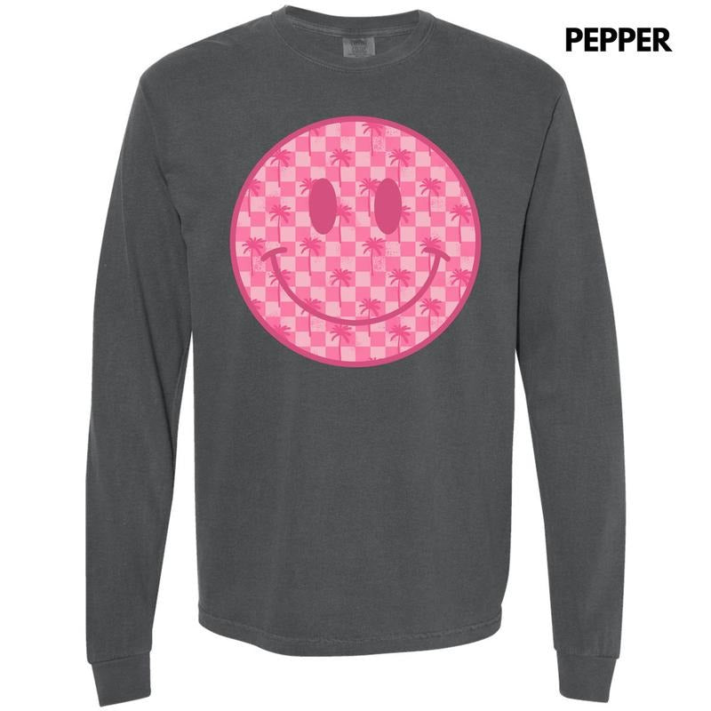 Palm Tree Checker Happy Face Long Sleeve Comfort Colors T-Shirt 'NLB' Hoodie, Sweatshirt | CiraTrend.com