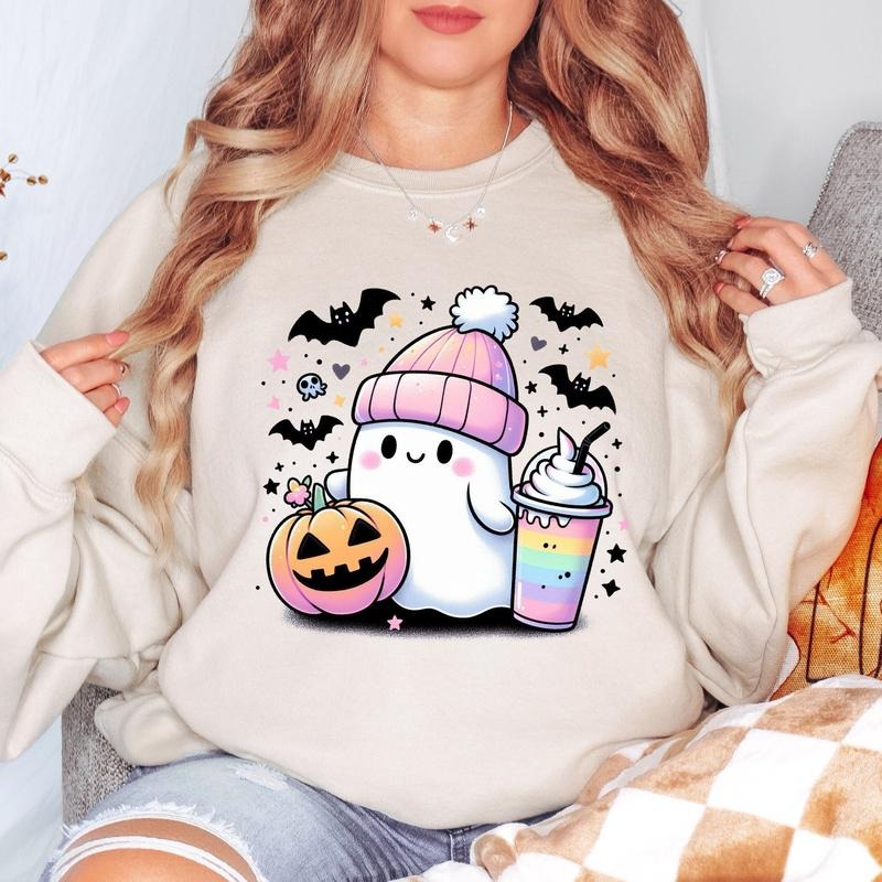 Pastel Ghost Sweatshirt Cute Halloween Spooky Season Adult Unisex Youth Cute Fall Autumn Women Pink Coffee Bats Toddler...