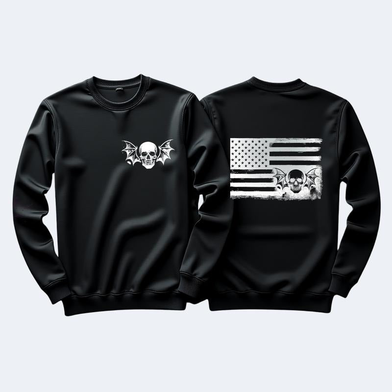 Patriotic American Flag Sweatshirt with Skulls Grunge Alt Hoodie Tops Womenswear Crewneck Long Sleeve Pullover Casual...