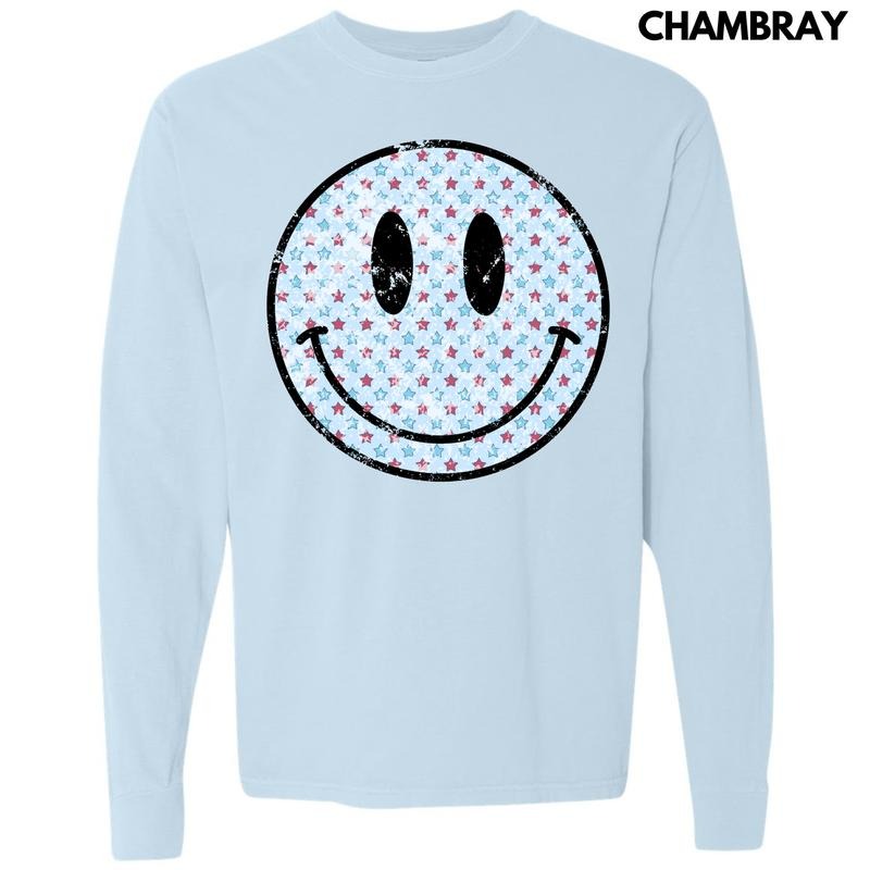 Patriotic Stars Happy Face Long Sleeve Comfort Colors T-Shirt 'NLB' Hoodie, Sweatshirt | CiraTrend.com