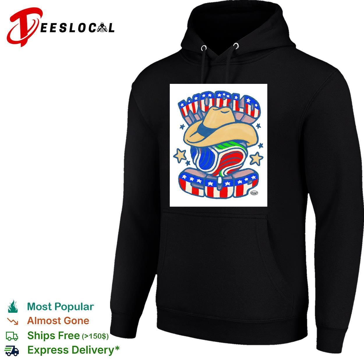 Patriotic peanut mascot wearing cowboy hat shirt