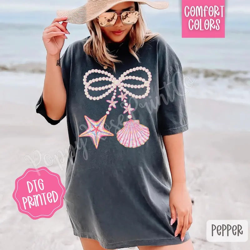 Pearl Shell Bow Comfort Colors Tshirt, Cute Summer Tee, Girly Beach Shirt Hoodie, Sweatshirt | CiraTrend.com