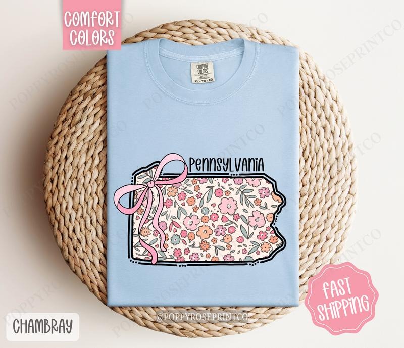 Pennsylvania Floral Bow Comfort Colors T-shirt, Cute Trendy Tee, State Coquette Oversized Top