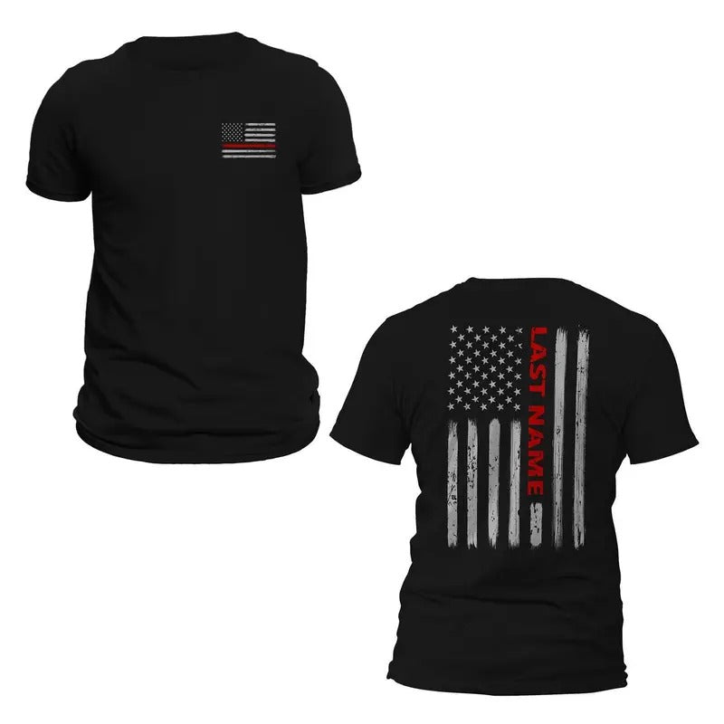 Personalized Custom Last Name Firefighter T-Shirt Thin Red Line Vertical Flag