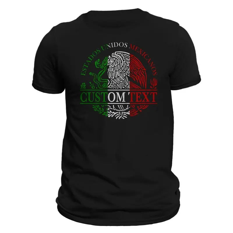 Personalized Custom Text Mexico Mexican Flag Coat Of Arms T-Shirt- Playera Personalizada Con Escudo De Mexico Casual Soft...