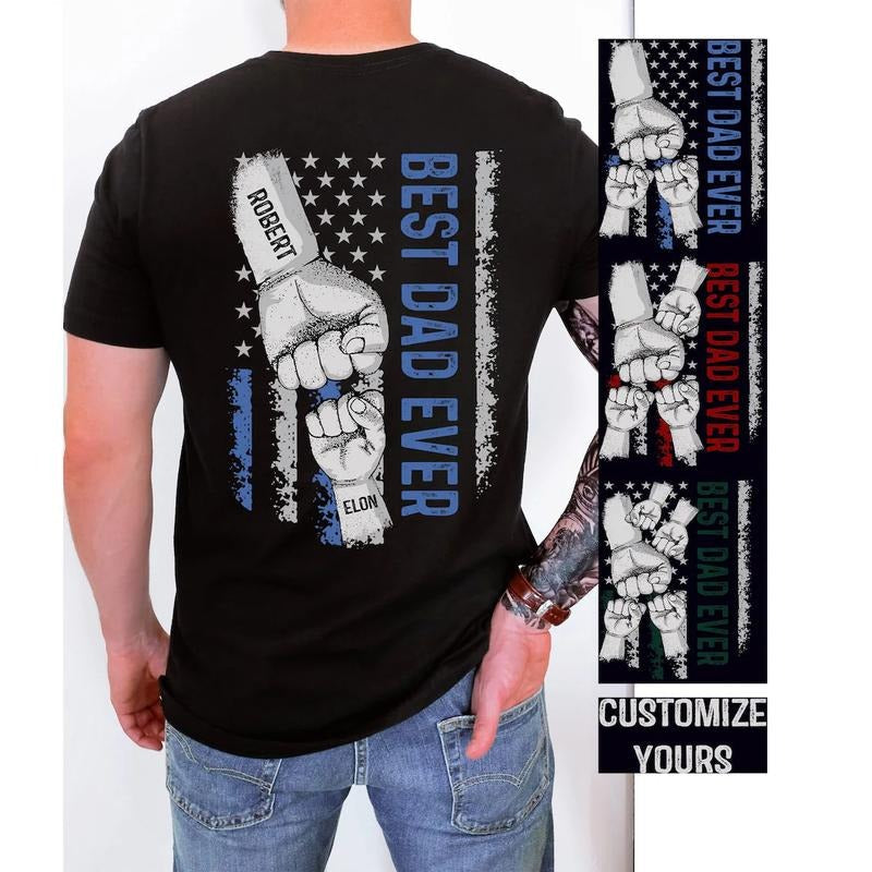 Personalized Dad Raised Fist Bump T-Shirt, Custom Kid Names Gift For Daddy, Best Dad Ever Shirt, Dad Kids Matching...