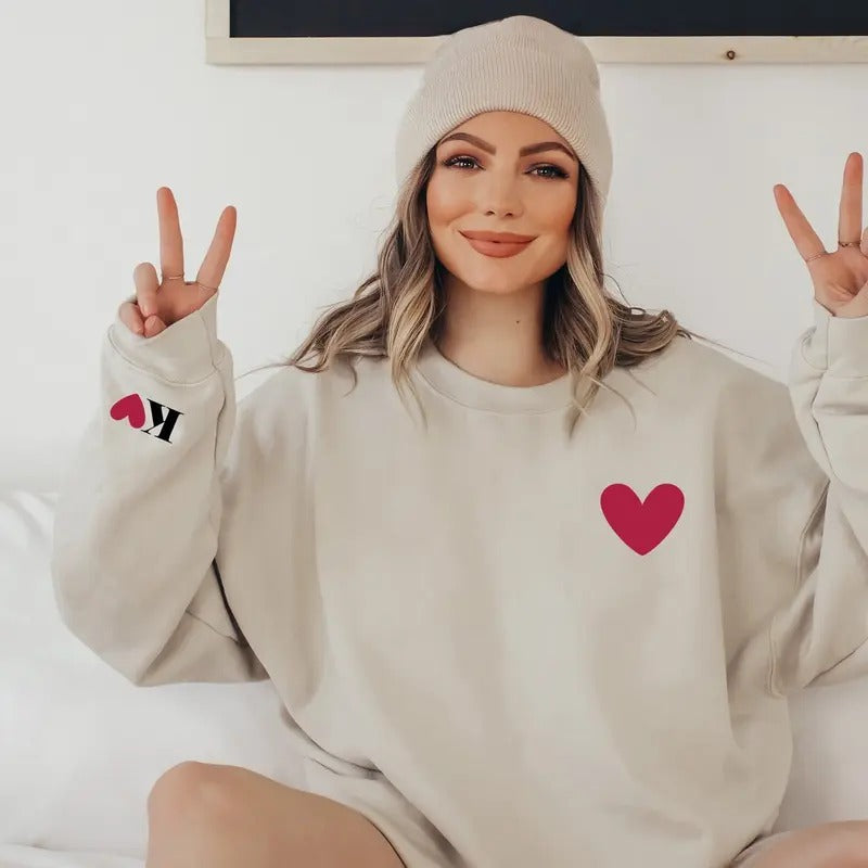 Personalized Valentines Sweatshirt for Women with Initial on Sleeve - Fabric, Cotton T-Shirts, Hoodie | CiraTrend.com