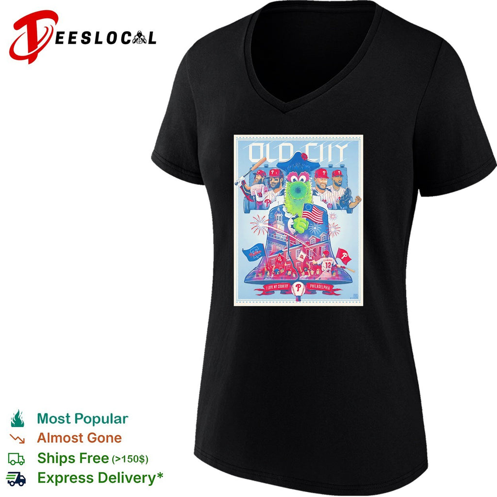 Phillie Phanatic holding flag old city Philadelphia shirt