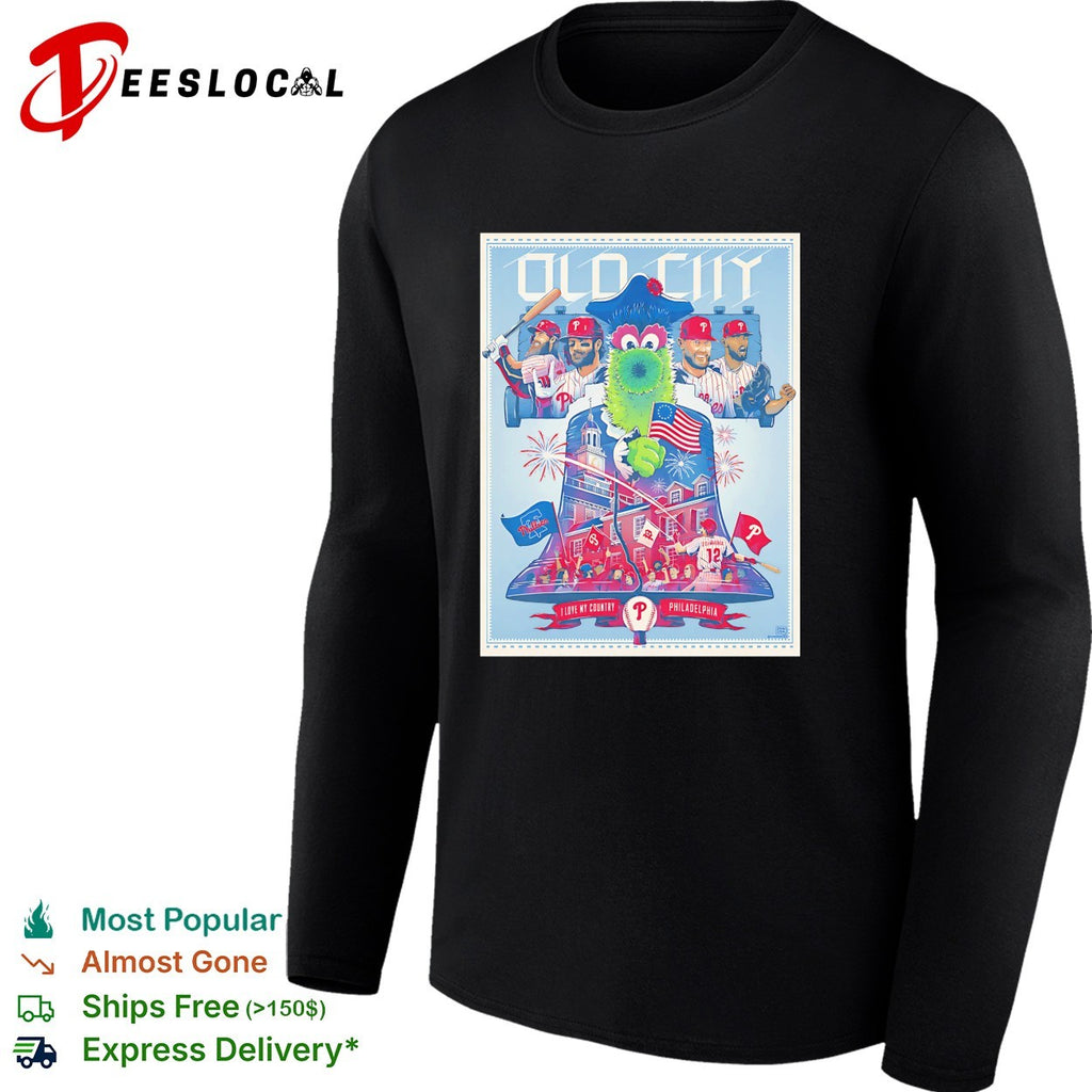 Phillie Phanatic holding flag old city Philadelphia shirt