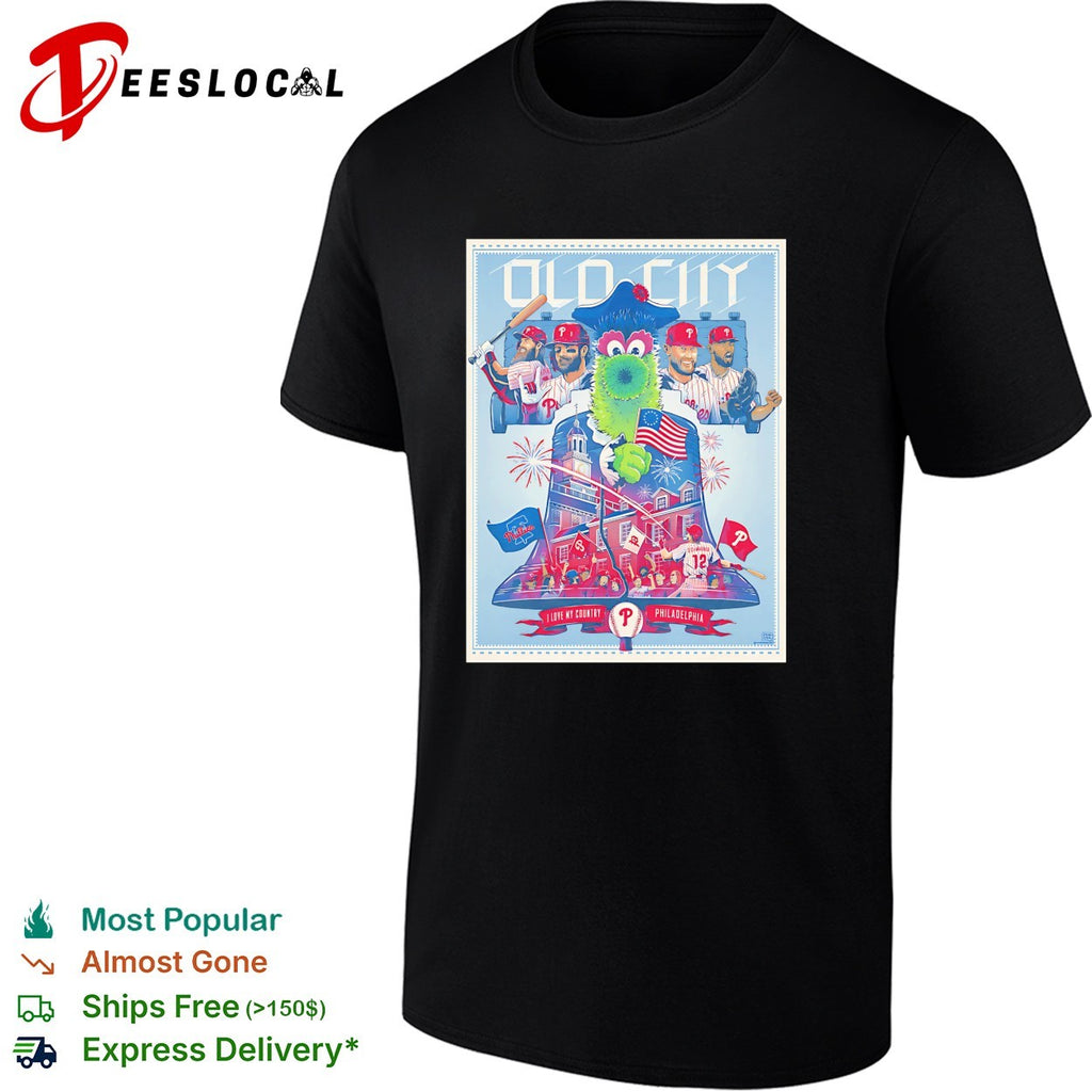 Phillie Phanatic holding flag old city Philadelphia shirt