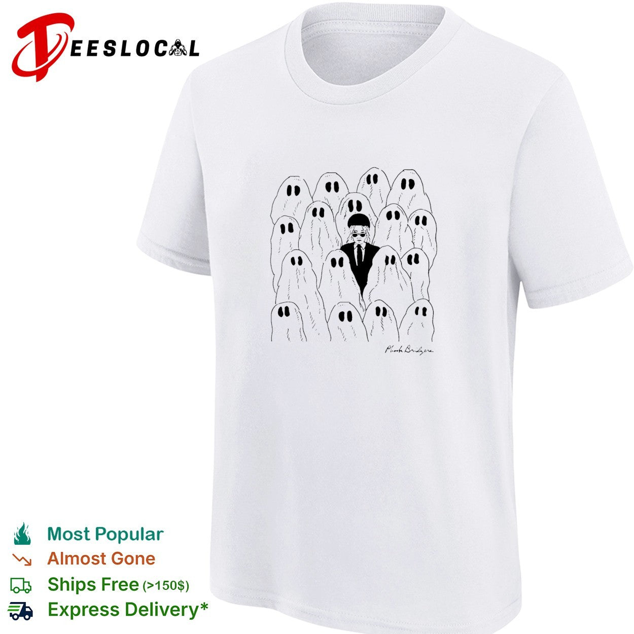 Phoebe Bridgers standning next to ghosts shirt