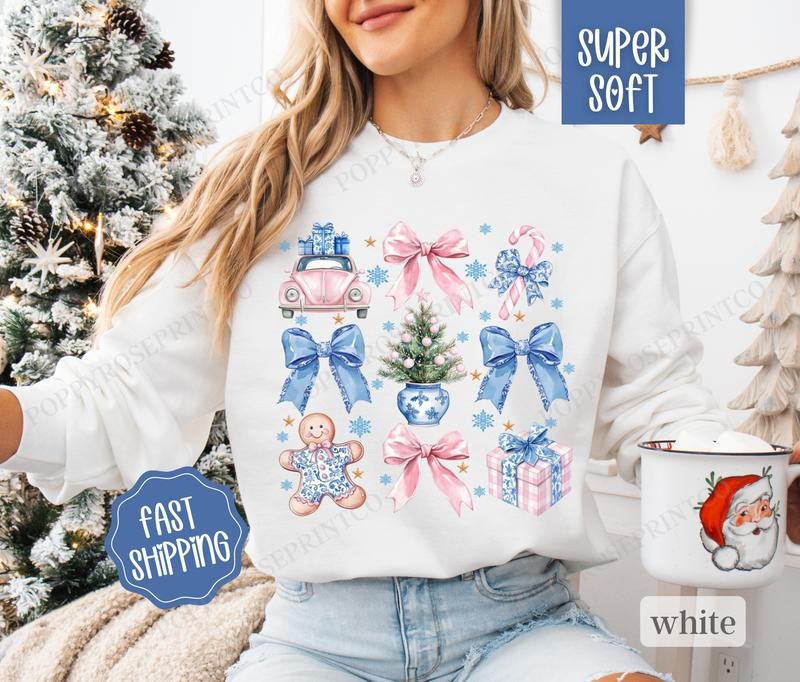 Pink & Blue Christmas Sweatshirt, Merry Christmas Sweater, Women's Holiday Crewneck T-Shirts, Hoodie | CiraTrend.com