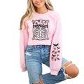 Pink 'Seasons Creepin' Sweatshirt with Skeleton Rib Cage, Christmas Lights, & Halloween Bats | Edgy Alt Vibe with Festive...
