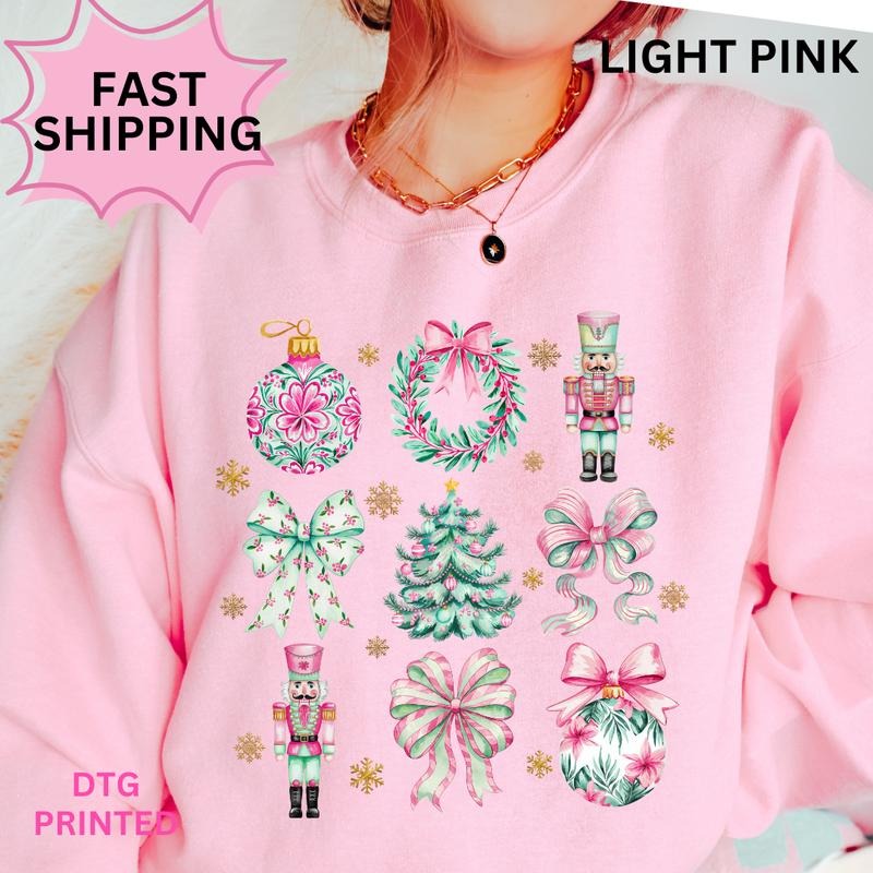 Pink And Green Christmas Coquette Sweatshirt ~ Unisex Apparel Relaxed Fit Printed in the USA Clothing Womenswear Casual...