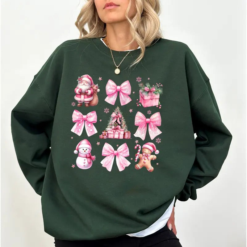 Pink Bow Christmas Sweatshirt, Pink Santa Graphic Crewneck, Coquette Pink Christmas Sweatshirt, Pink Santa Sweater,...