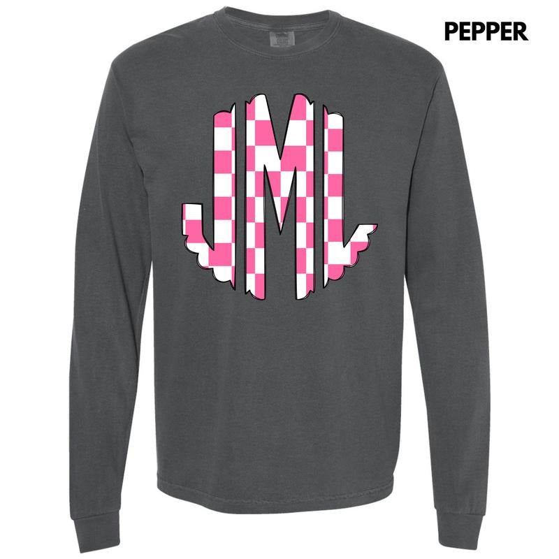 Pink Checker Monogram Long Sleeve Comfort Colors T-Shirt 'NLB' Hoodie, Sweatshirt | CiraTrend.com