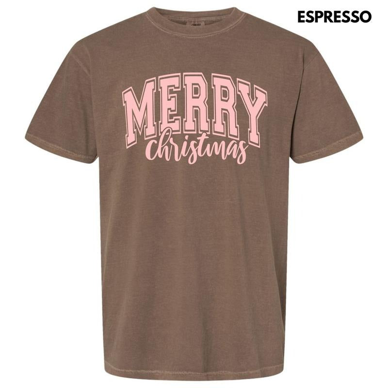 Pink Cursive Varsity Merry Christmas Comfort Colors T-Shirt 'NLB' Hoodie, Sweatshirt | CiraTrend.com