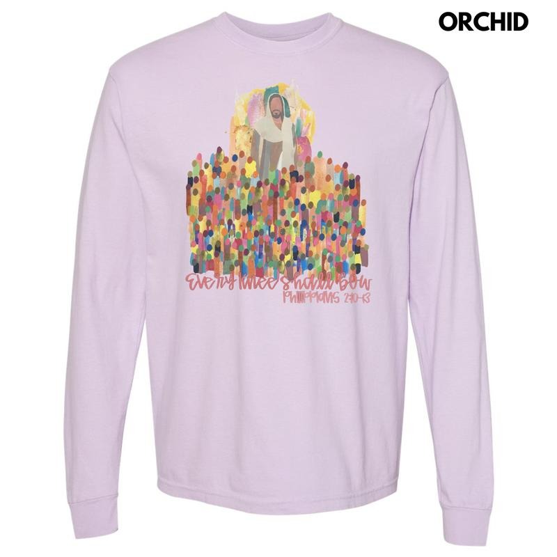 Pink Every Knee Shall Bow Long Sleeve Comfort Colors T-Shirt