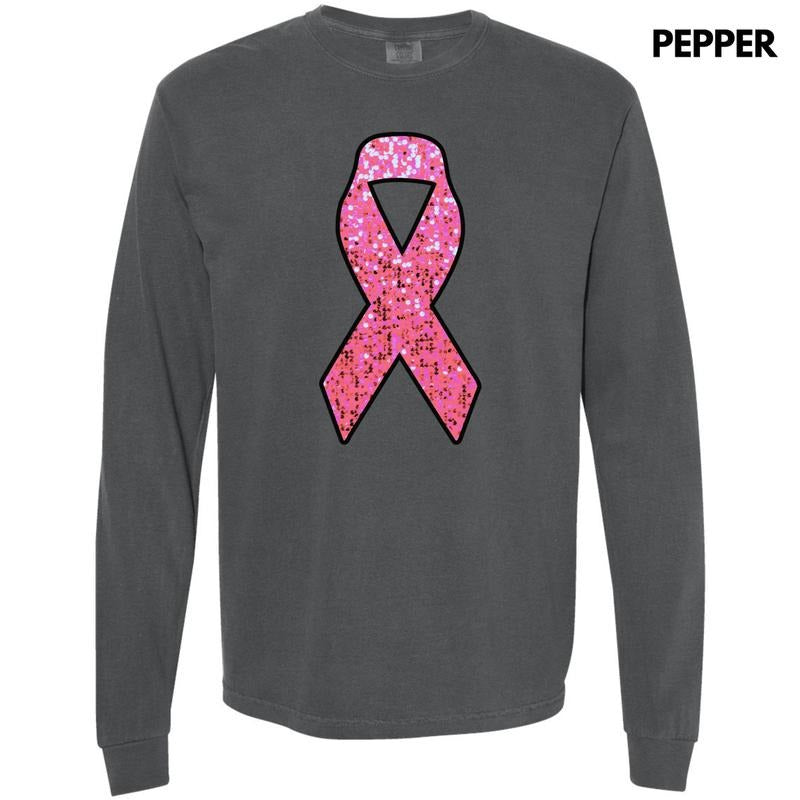 Pink Faux Glitter Ribbon Long Sleeve Comfort Colors T-Shirt 'NLB' Hoodie, Sweatshirt | CiraTrend.com