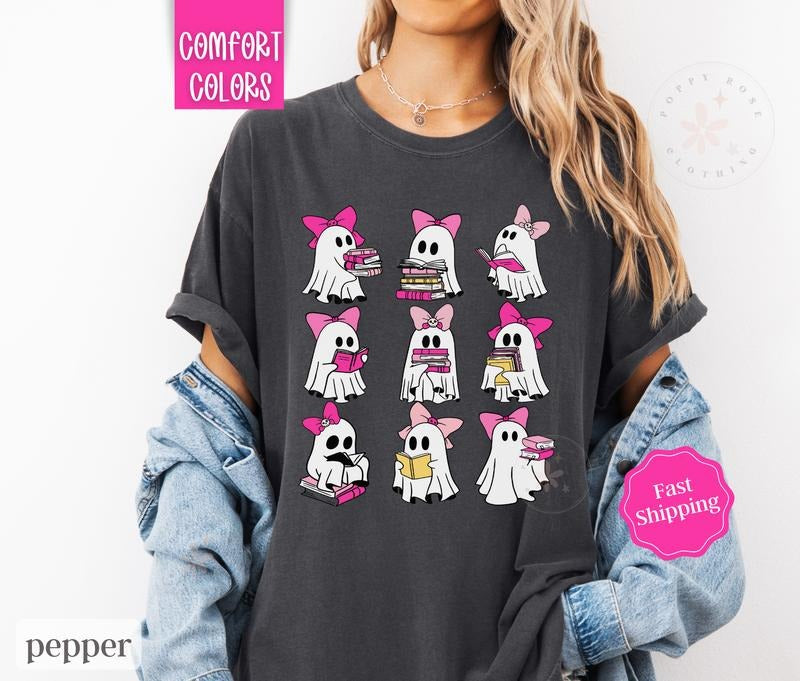Pink Ghost Reading Shirt Comfort Colors, Book Lover Tshirt, Teacher Halloween Tee Hoodie, Sweatshirt | CiraTrend.com