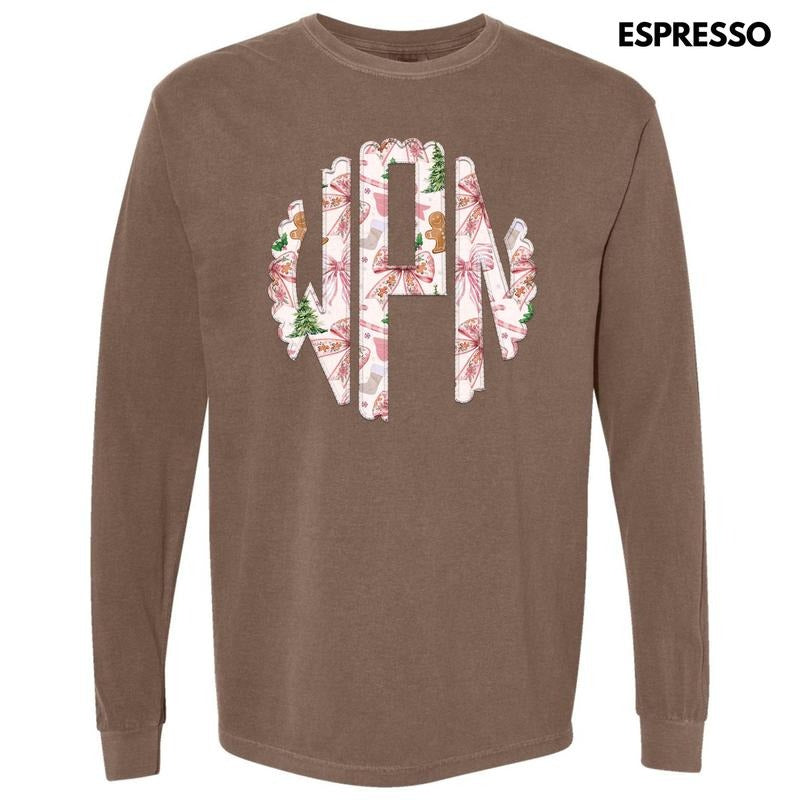 Pink Gingerbread Bow Monogram Long Sleeve Comfort Colors T-Shirt 'NLB' Hoodie, Sweatshirt | CiraTrend.com