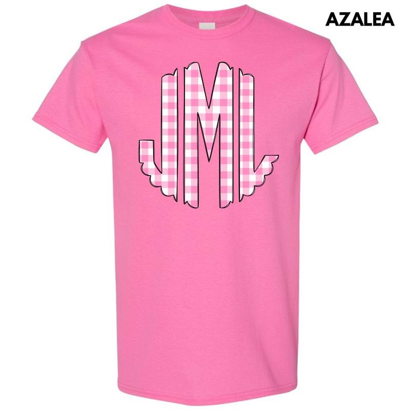Pink Gingham Monogram Gildan Short Sleeve T-Shirt 'NLB' Hoodie, Sweatshirt | CiraTrend.com