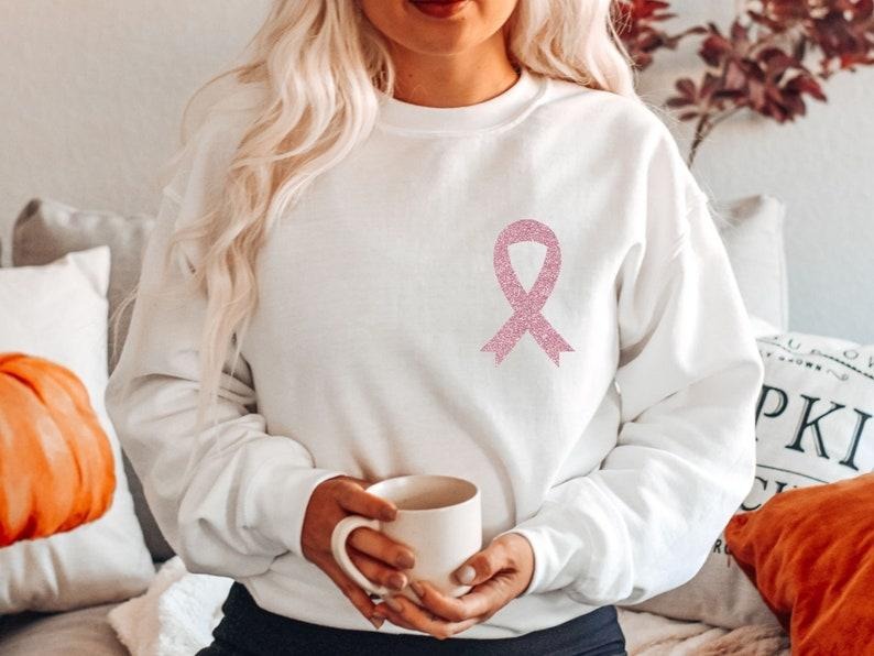 Pink Glitter Ribbon Sweatshirt, Breast Cancer Shirts, Cancer Survivor Shirt, Breast Cancer Awareness Gift, Pink Ribbon ...