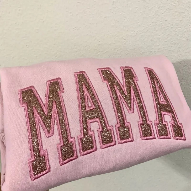 Pink Mama Glitter Heat Transfer Vinyl Embroidered Sweater - Personalized Sparkle for Stylish Moms T-Shirts, Hoodie,...