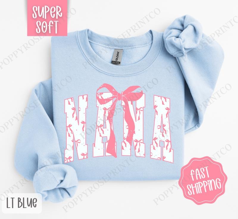 Pink Nana Bow Sweatshirt, Women's Crewneck, Cute Women's Sweater T-Shirts, Hoodie | CiraTrend.com